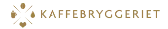 Logo med et gullstjernelignende symbol til venstre og ordet "KAFFEBRYGGERIET" i store bokstaver i gull på en grå bakgrunn, som representerer den neste etappen på kaffereisen din.