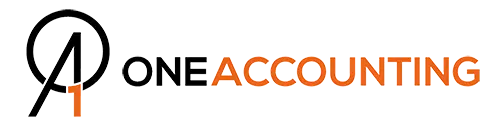En logo som viser "A1" i svart og oransje inne i en sirkel, etterfulgt av ordene "ONE ACCOUNTING" i svart og oransje tekst, som symboliserer den neste etappen i din økonomiske reise.