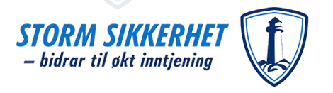 Storm Sikkerhet-logo med blå tekst og et skjold med et anker; den norske taglinen "bidrar til økt inntjening" markerer neste etappe for din bedrift.